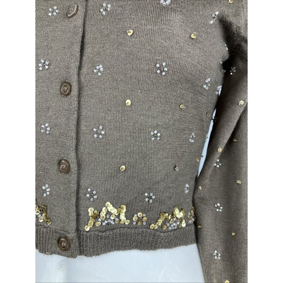 Vintage Zelda Merino Or Cashmere Cardigan Sweater Sequins Olive Green - Picture 2 of 4